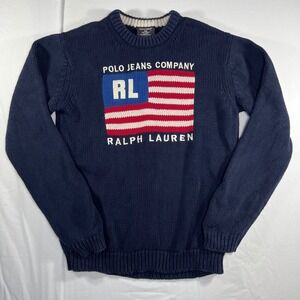 Polo Jeans Co Ralph Lauren Mens Navy Blue American Flag Cotton Knit Sweater M